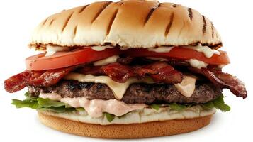 Discover the taste of a fresh burger topped with juicy tomatoes and onions photo