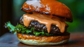A mouthwatering burger bursting with fresh lettuce, ripe tomatoes, and crunchy onions photo