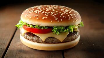 Dive into the taste of a fresh burger with lettuce, tomatoes, and onions photo