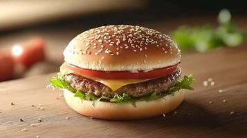 Bite into a burger filled with the freshness of lettuce, onions, and tomatoes photo