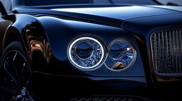 Elegant close-up of a glowing headlight from a luxury car with open copy space photo