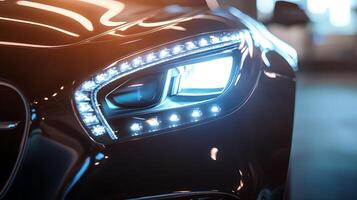 A glowing luxury car headlight and front light with abundant copy space for designs photo