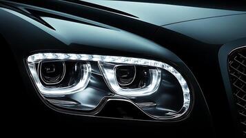 Enhance your design with a glowing luxury car headlight close-up and open copy space photo