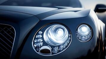 A stylish headlight close-up on a luxury car with spacious copy space for branding photo