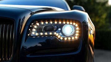 Close-up of car headlight and front light with copy space photo