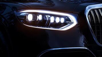 Radiant close-up of a luxury car headlight design and front light with copy space photo