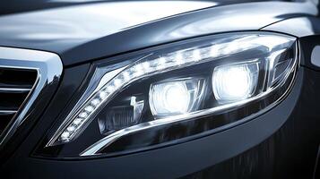 A close-up of luxury car lighting with detailed headlight design and copy space photo