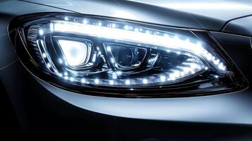 Glowing headlight close-up of a luxury car with spacious and open copy space photo