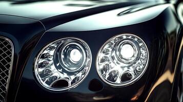A glowing close-up of a luxury car front light with spacious copy area photo