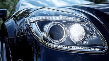 Luxury car headlight close-up highlighting its design with ample copy space photo