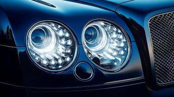 A sleek luxury car headlight and front light showcased with ample copy space photo