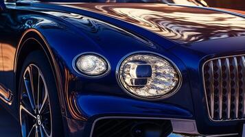 Close-up of a luxury car headlight and front light with elegant copy space photo