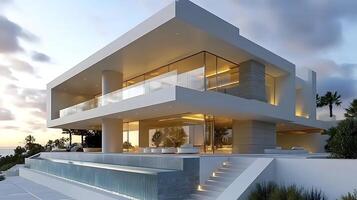 Elegant and luxurious modern home featuring intricate and stylish architecture photo