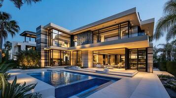 High-resolution image of a luxurious modern residential house with unique architecture photo