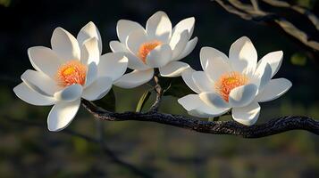 Artistic Nature Close-Up of Realistic Flowers Resting on a Tree Branch photo