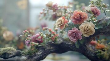 Realistic Flowers Resting Elegantly on a Tree Branch in a Close-Up View photo