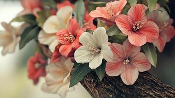Beautiful Realistic Flowers with a Tree Branch in an Intimate Close-Up photo