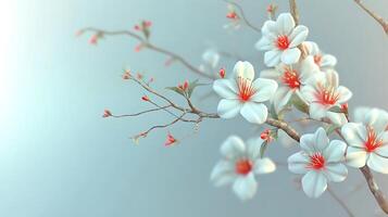 Radiant Blossoms Clinging to a Rustic Tree Branch in Close-Up photo
