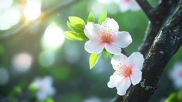 Serene Close-Up of Flowers Vibrantly Displayed Against a Tree Branch photo