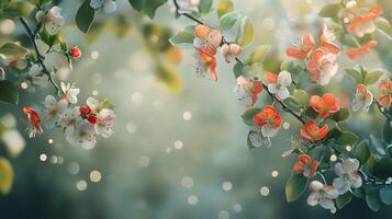 Rustic Tree Branch Highlighted by Vibrant Blossoms in Close-Up photo