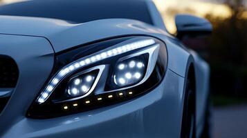 Mercedes LED Headlights Glow Brightly Against a Beautifully Blurred Background photo
