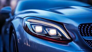 Sophisticated Mercedes LED Headlights Captured Up Close in Blurry Scene photo