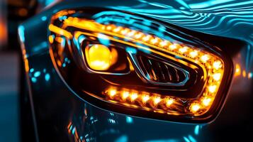 Mercedes LED Headlights Showcase Sleek Design with a Blurry Background photo