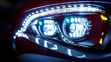 Close-Up of Mercedes LED Headlights Illuminating a Soft Blurred Background photo
