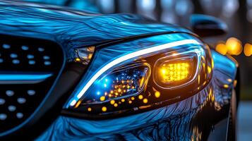Stylish and Sharp Mercedes LED Headlights Against a Soft Blurred World photo