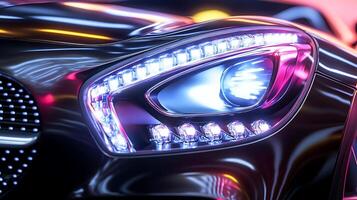 Close-Up on Mercedes LED Headlights, Illuminated with a Blurred Touch photo