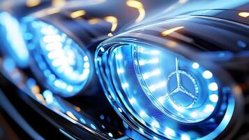 Shimmering Mercedes LED Headlights Paired with a Subtle Blurred Backdrop photo