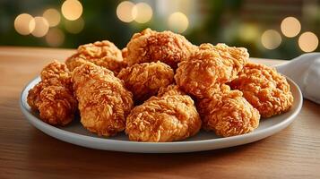 Golden Brown Chicken Fry Plated with Artistic Bokeh Effects photo