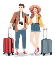 A couple of tourists smiling with travel suitcase on white background vector