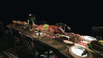 A lavish feast with various dishes and drinks laid out on a grand table video