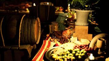 A festive table filled with diverse food and drinks for a joyful gathering video