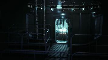 A captivating view of a futuristic laboratory with glowing equipment at night video