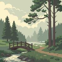A cartoon illustration of a bridge over a stream in the forest vector