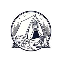 Camping tent, hiking boots, and a lantern vector