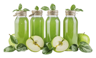 Fresh green juice bottles with apples and leaves png