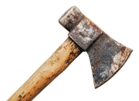 Rustic axe with worn wooden handle and metal blade png