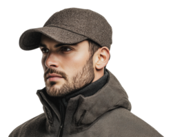 Man in cap wearing stylish outerwear indoors png