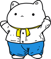 Cute Cartoon Cat Dressed in White Shirt and Blue Pants, Standing Adorably with Yellow Tie png