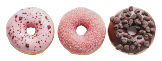 Assorted donuts with vibrant toppings for dessert png