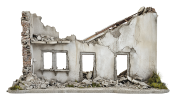 Abandoned building with crumbling walls and debris png