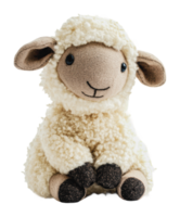 Cute plush sheep toy sits on a soft surface png