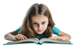 Young girl reading a book with focused expression png