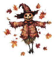 Scarecrow surrounded by autumn leaves and charm png