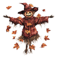 Scarecrow surrounded by autumn leaves in fall png