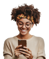 Young woman smiles while using her smartphone png