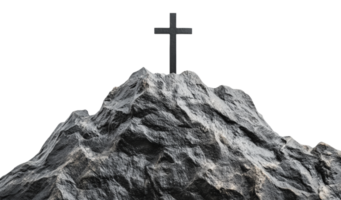Cross atop a rocky mountain formation in daylight png